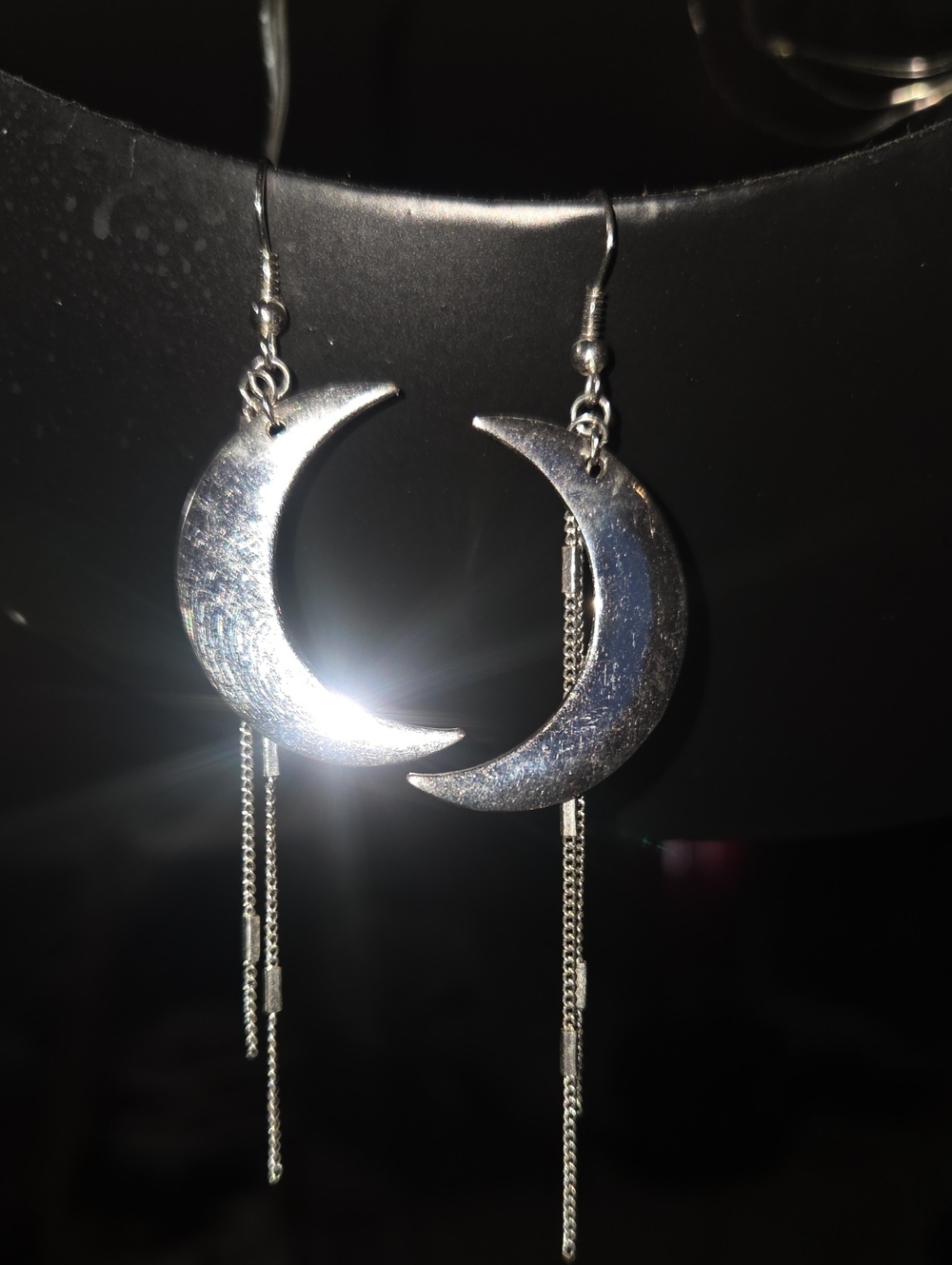 Silver Crescent Moon Dangle Earrings with Chain Tassels